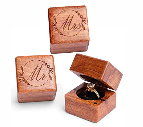 Mr and Mrs Ringbox - Handgefertigte Holz Ringbox für Hochzeitstag Ringboxen klein graviert für Hochzeitszeremonie, rustikale Ringhalterbox, Ringaufbewahrungsbox (Ringbox - Blume 2 Stück)