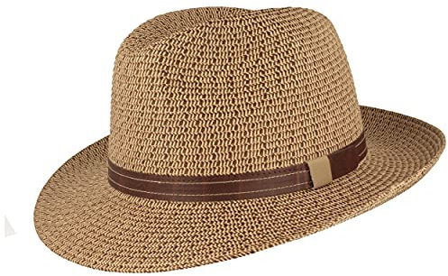 Breiter Sombrero de Sol Estilo Bogart Sombrero de Verano de Paja de Papel 100% Ligero Flexible Agradable a la Piel y Cómodo, Color Marrón Jaspeado - Correa de Piel sintética M