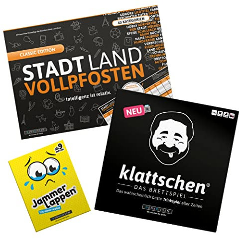 DENKRIESEN - Party Pack - klattschen® das Brettspiel, Jammerlappen und Stadt-Land VOLLPFOSTEN Classic Edition | Partyspiele | Brettspiel | Kartenspiel | Spielblock