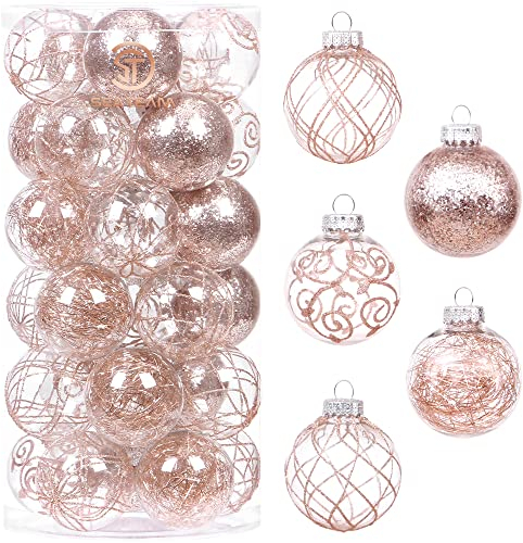 Sea Team 60 mm/2.36 Set di ornamenti per palline di Natale in plastica trasparente infrangibile con pittura glitterata, palline di cristallo trasparenti, trasparenti (30 pezzi, oro rosa)