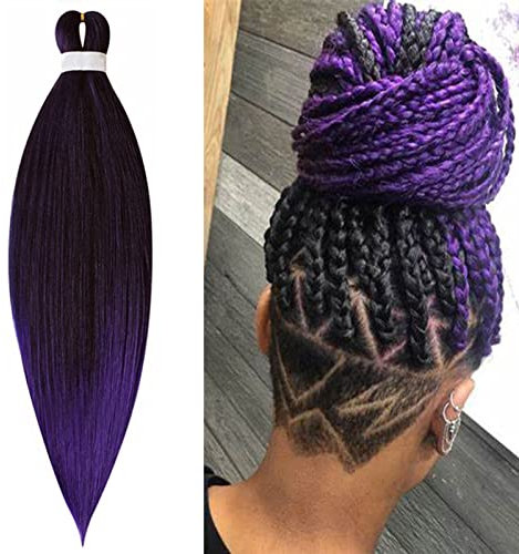 Treccine Capelli Extension Pre Stretched Braiding Hair Pre Allungato Stirato Yaki Professionale Africane Capelli Sintetici Lunghi Sintetici Afro Ombre Crochet 1 Ciocche 65cm Nero&Viola&Viola Chiaro