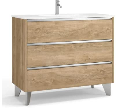Mueble de Baño al Suelo | Lavabo Cerámico Fondo Reducido Siena | Mueble Baño con Patas Fondo Reducido 3 cajones con Cierre Amortiguado y Organizador | Roble Natural Tirador Cromo | 80cm