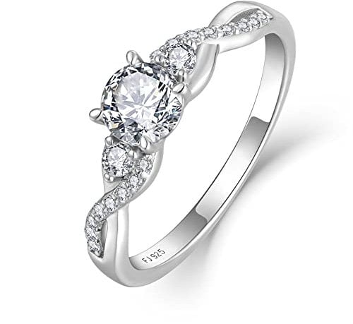 FJ Engagement Ring for Women 18K White Gold Plated 925 Sterling Silver Promise Ring Anniversary Wedding Proposal Ring Eternity Ring for Her (Size T)