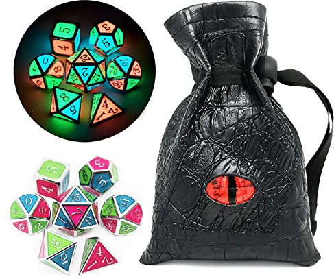 Haxtec Glühen im Dunkeln Glühen Blau Rot Grün Silber Metall Würfel Set D&D 7PCS DND Würfel Set für Dungeons und Drachen RPG Spiele-Silber Glühen Blau Grün Rot