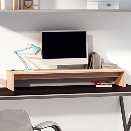 WIFESE Support de Moniteur 100x27x15 cm Beige Bois de Pin Massif Solide Support TV Conception Elégante Support d'ordinateur avec Rangement Rehausseur Ecran PC Bureau Maison Chambre