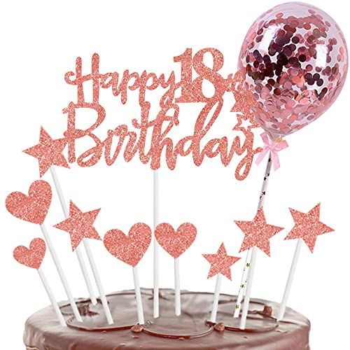 Kiwochy Rose Gold 18. Geburtstag Kuchendeko: 10-teiliges Set mit 'Happy 18th Birthday'-Aufsätzen, Glitzersternen, Glitzerherzen und Konfettiballons für Geburtstagsfeiern und mehr