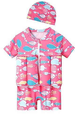 LAT LEE AND TOWN Jungen Schwimmender Badeanzug Baby Schwimmanzug uv Schutz Fisch Bademode Einteiler Set mit Hut Rosa