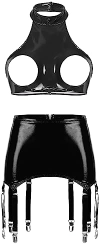iiniim Women's 2 Piece Harness Quarter Cup Bra with Garter Belt Hollow Out Crop Top Lingerie Set Black 4XL