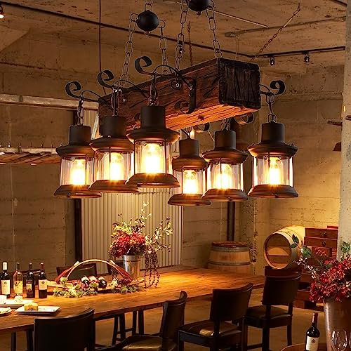 FWX E27 Hängeleuchte Holz Retro Restaurant Industrie Rustikal Kronleuchter Höhenverstellbar Glas Lampenschirm Pendelleuchte Esstisch Jahrgang Hölzern Pendellampe Wohnzimmer Küche Hängelampe Beleuchtun