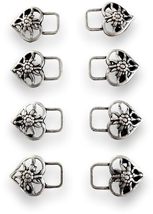 Hartmann-Knöpfe 8 ojales estables de plata antigua en forma de corazón con diseño de edelweiss de metal para traje tradicional tirolés, 26 mm x 19 mm