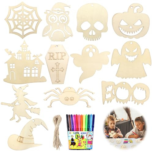 24 Stück Halloween Bastelset für Kinder, 12 Stile Unvollendete Holz Ausschnitte Handwerk, Holzverzierungen Basteln Kindergeburtstag, Bastelsets Halloween Party Dekoration