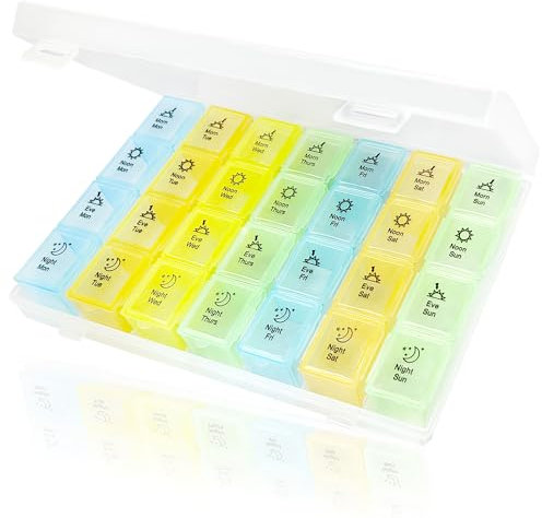Large Pill Box, Pill Organiser Tablet Organiser Pill Boxes 7 Day 4 Times a Day Medication Organizer with 28 Compartments Dosette Box for Medication, Supplements, Vitamins, and Cod Liver Oil