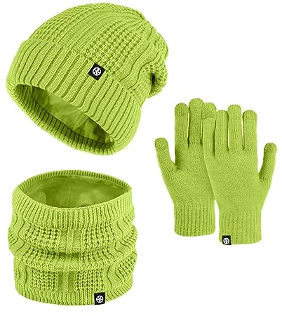 Mütze Stirnband Damen Winter Strickset Wintermütze Warm Futter Fleece Schal Damen Set Mütze mit Schlauchschal für Damen und Herren, grün, One size