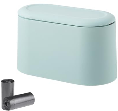 Taasmoog Tischmülleimer mit Deckel, 2L Mini Mülleimer Klein mit 2 Rollen Müllsäcke kleiner ovaler Abfalleimer für Büro Kinderzimmer Schreibtisch Bad Küche