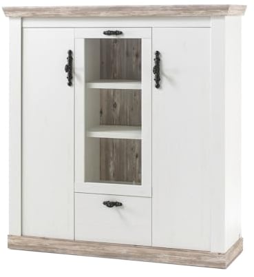 Furn.Design Highboard in weiß Pinie und Oslo Pinie Wohnzimmer Esszimmer Schrank Kommode Landhaus 140 x 146 cm Rovola (Highboard)