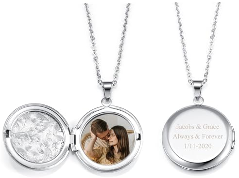 Jovivi Women Photo Locket Necklace Silver Personalised Engraved Text Round Locket Pendant Necklace Photo Gifts for Her Girlfriend Mum Christmas Valentines