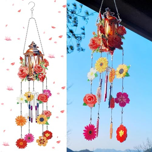 Starnearby DIY Diamond Painting Sonnenfänger Windspiele Set, 5D Doppelseitige Kristall Diamant Malerei Anhänger Set, Rotierender Windspiel Bastelset Hängende Ornamente für Fensterdeko (Rosenlaterne)