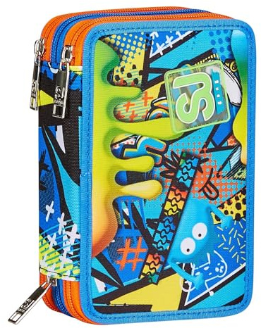 SJ GANG STYLE JAM GANG Astuccio Scuola 3 Zip, Blu, Sphere Full Boy, Portapenne Triplo Scomparto Completo Di Penne, Matite, Colori, Accessori Zaino, Elementari, Medie, Bambino