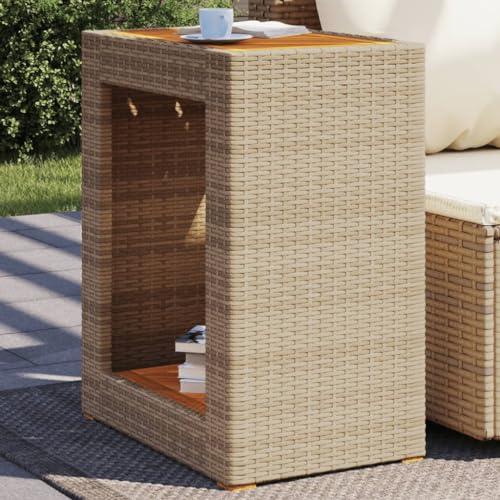 Festnight Beistelltisch Rattan, Sofatisch Kaffeetisch Tischplatte Akazienholz Couchtisch Rattan, Laptoptisch für Kaffee und Laptop, Outdoor Sideboard, Beige und Braun, 60 x 40 x 75 cm