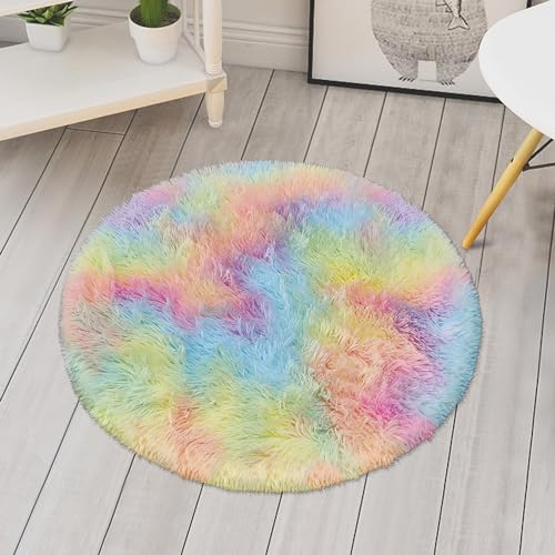 ATRUG Kleiner runder Regenbogen-Teppich für Mädchenzimmer, flauschige Kinderteppiche für Zimmer, Einhorn-Schlafzimmer, Dekoration für Mädchen, Kommode, Kinderzimmer, weicher Schlafzimmerteppich,