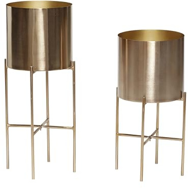 Dezain® - Pflanzen-Übertöpfe Hilda | Pflanzkübel aus Metall & mit Gestell | für Blumen, Kräuter, Pflanzen & Deko | Schlichter Blumentopf Ø 25 cm | Pflanzentopf in Messingfarben | 2er Set