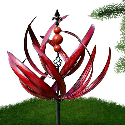 Moulin à vent en métal – Rotation à 360 ° – Moulin à vent de jardin résistant aux UV – Moulin à vent rouge avec design en forme de | Piquets en métal parfaits pour une décoration de jardin