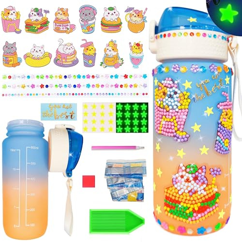 Wbesty Dekorieren Sie Ihre eigene Wasserflasche Kits für Mädchen Alter 4-12, Prinzessin Diamant Malerei mit Stern Glühen im Dunkeln, DIY Geschenke für Mädchen Geburtstag Weihnachten (Cat)