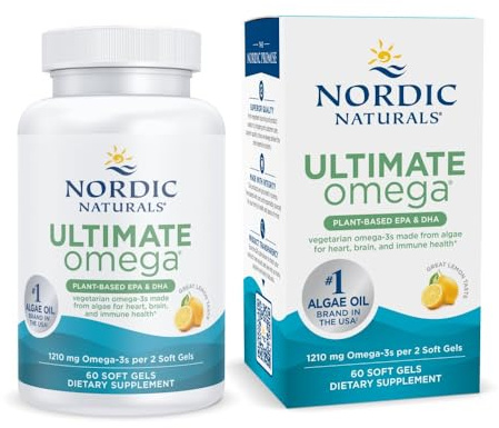 Nordic Naturals Plant Based Ultimate Omega, Lemon Flavor - 60 Vegetarian Soft Gels - 1210 mg Omega-3 - Vegan EPA and DHA - Supplement Made from Algae - Brain & Heart Support - Non-GMO - 30 Servings
