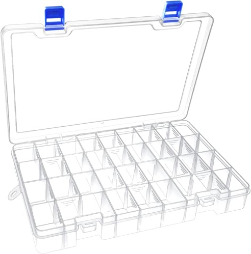 Mgood Storage Box with Adjustable Dividers, 34 Compartments, White | 1 Pack, With Lid and Hanging Hole, Clear Plastic, for Screw, Fishing Tackle, Crafts, Jewellery, Beads, Nail Tools, Sewing