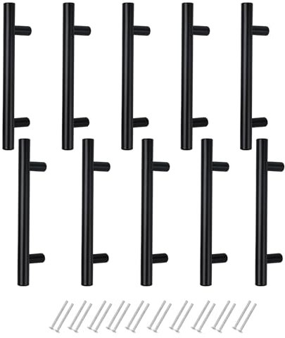 Anhoer 10 Pack Kitchen Cupboard Handles 96mm Hole Centre - Black T Bar Cabinet Handles for Wardrobe, Drawer, Door - Stainless Steel