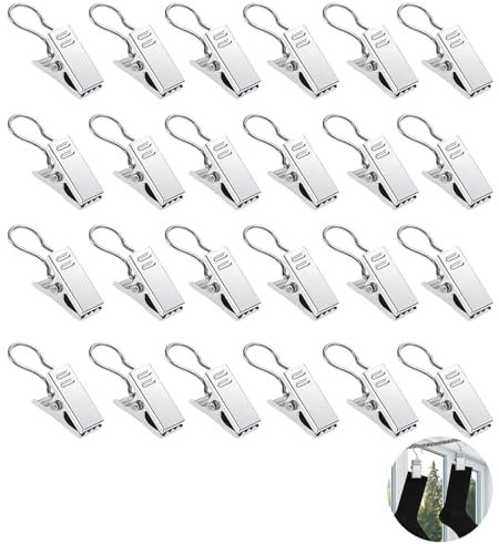 Set di 24 Clip per Tende Multifunzione in Acciaio Inox con Ganci, Pinze Robuste per Tende Anelli per Tende con Ganci Soluzione Versatile per Tendine Tende da Doccia e Decorazioni Domestiche