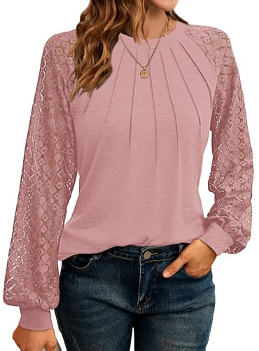 WNEEDU Chemisier pour Femme Blouses Tunique Chemisier À Manches Longues Et Col Ras du Cou en Dentelle Chemise Blouse Mode Élégante
