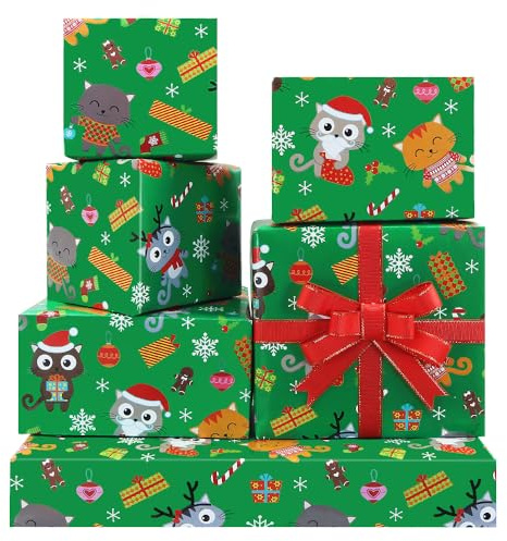 Weihnachts-Geschenkpapier, 4 Bögen mit niedlichem Katzen-Cartoon-Muster, gefaltetes Geschenkpapier mit Bändern, 50,8 x 71,1 cm, hochwertiges recycelbares Weihnachtsgeschenkpapier für Damen, Herren,