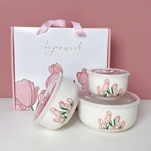 Cnwinu Insalatiera in ceramica con coperchio, ciotole per zuppe, noodle da cucina, contenitore per il pranzo, adatto per snack, zuppe, riso, frutta, verdura (tulipani rosa)