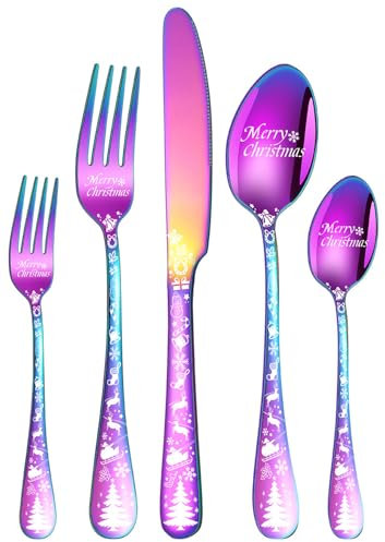 XIAOYU 5pcs set di argenteria di Natale, set di posate in acciaio inossidabile con maniglie uniche del modello dell'albero di Natale, set di posate per Natale, Halloween, Pasqua, arcobaleno