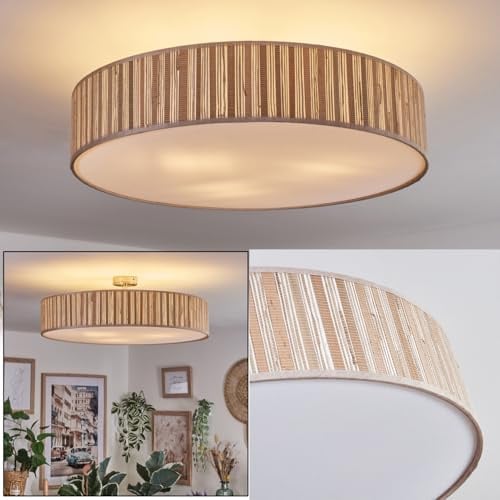 HOFSTEIN Deckenleuchte Foggia, Deckenlampe aus Metall/Binsenstroh/Kunststoff in Nickel-matt/Natur/Weiß, runde Leuchte im modernen Design (Ø 60 cm), E27, Esszimmer, Wohnzimmer, Schlafzimmer, Küche