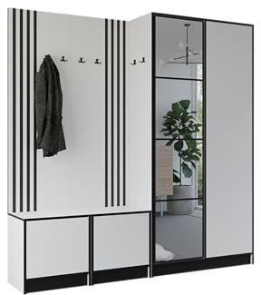 KIER FURNITURE Flurgarderobe Modern - Garderobenschrank mit Sitzbank, Haken und Schuhschrank - Flur Möbel Geräumig und Stilvoll - BxHxT 211,2x205x39cm - Weiß