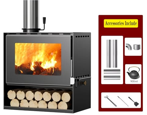 Stufa a Legna in Ghisa, 10KW Termocamino Indipendente, Bruciatore A Legna Nero con Finestra in Vetroceramica per Il Riscaldamento E Il Riscaldamento(Size:49 X 30 X 50 CM)