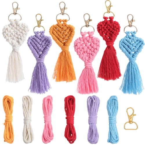 SUNNYCLUE 6 Set Schlüsselanhänger Set Herz Fischschwanz Makramee Schlüsselanhänger Mit Anleitung Quasten Makramee Schlüsselanhänger Sets Boho Makramee Sets Für Erwachsene Und Anfänger DIY Handtaschen