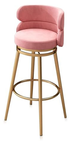 Moderno sgabello da bar girevole in velluto con schienale e poggiapiedi in metallo, gambe rosa e oro, altezza seduta 75 cm