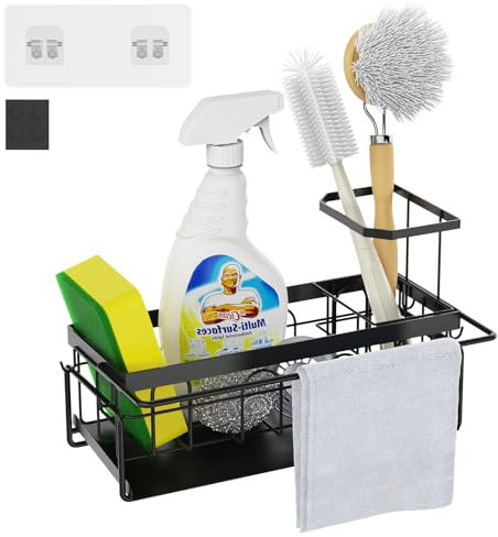 LYRIFFTIC Spülbecken Organizer Schwarz, Küchenorganizer mit Schwammhalter & Spültuchhalter,Platzsparende Aufbewahrung für Spülutensilien,Spülutensilien Aufbewahrung, Rostfrei