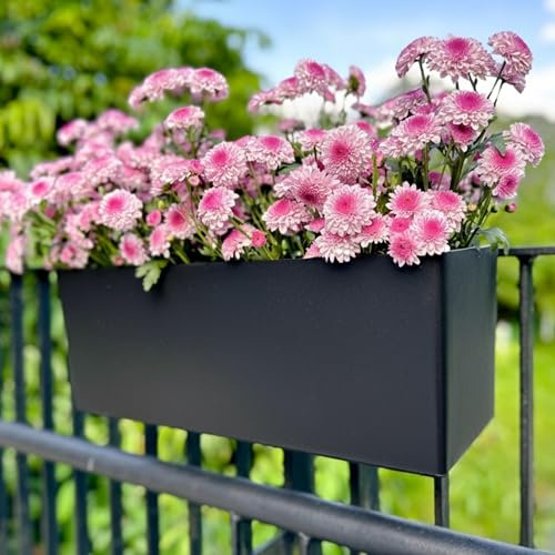 LáLáGreen Jardinera Rectangular para Barandilla 50 cm, Pack de 4, Negra – Macetero con Soporte y Sistema de Autorriego para Balcón, Terraza y Valla