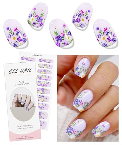 JMEOWIO Gel Nail Stickers Purple Flower Semi Cured Gel Nail Strips Wraps UV/LED Nails Art Design Decoration Accessories