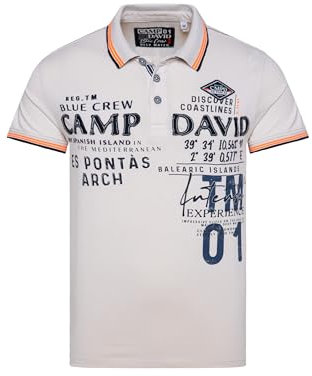 Camp David Herren Poloshirt mit Trikotkragen und Logo Artworks Ecru S