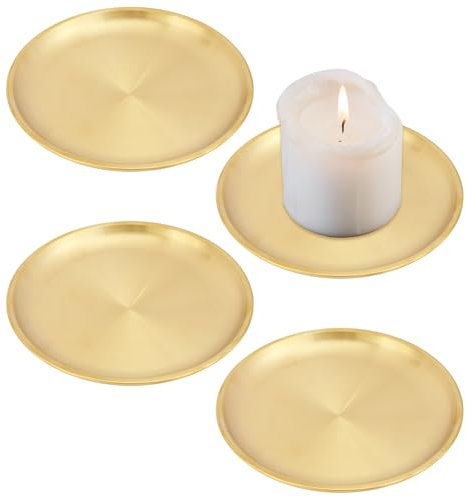 GLOBLELAND 4Pcs 5.6 Inch Flat Round Metal Candle Holder Plate Golden Stainless Steel Jewelry Plates Gold Candle Holders Decor for Coffee Table Countertop Home Decorations