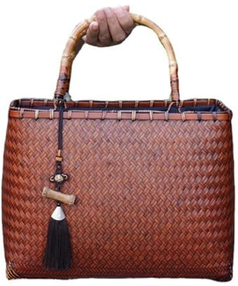 HYBMRQVD Bambus gewebte Tasche Bambus gewebt Karierte Handtasche Outdoor-Aufbewahrungstasche Rattan-Korbtasche
