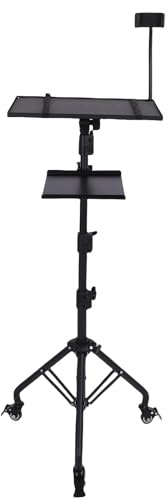 Luqeeg Projector Stand Tripod, 3 Tier Tray Portable Laptop Height Angle Adjustable Laptop Floor Stand with Wheels Brake Switch Elastic Belt Anti Skid Pad for Phone Keyboard Speaker