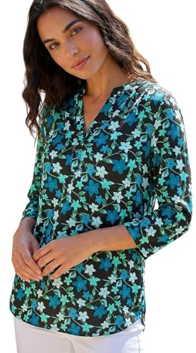 Roman Shirt for Women UK Ladies Top Collarless Blouse Stretchy Tunic Smart Casual Autumn Winter Jersey 3/4 Length Sleeve Notch V Neck Flattering Office Work - Teal Noir - Size 16