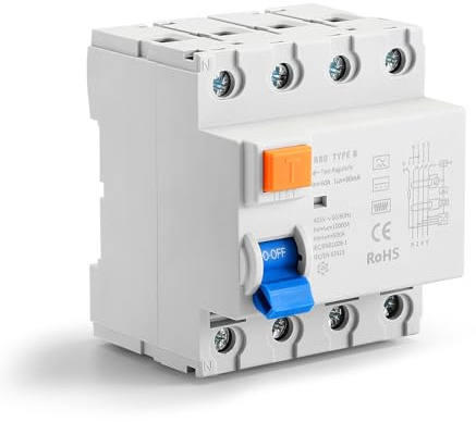 FI Schutzschalter Typ B 40A 30mA 4 Polig Allstromsensitiv RCD,für Photovoltaikanlagen,Wallbox Ladestationen,Wechselrichter,Fehlerstromschutzschalter mit 10kA Schaltvermögen für Drehstrom (40A)