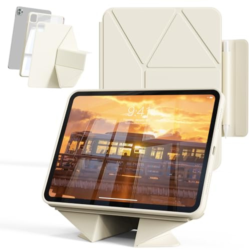 KVTVOU Clear Case for iPad Pro 11 Inch 4th/3rd/2nd Generation, 360° Rotatable Magnetic Bracket, Hard PC Clear Back, Stylus Storage Bag, Multi-fold Face Cover for iPad Pro 11, Cream White